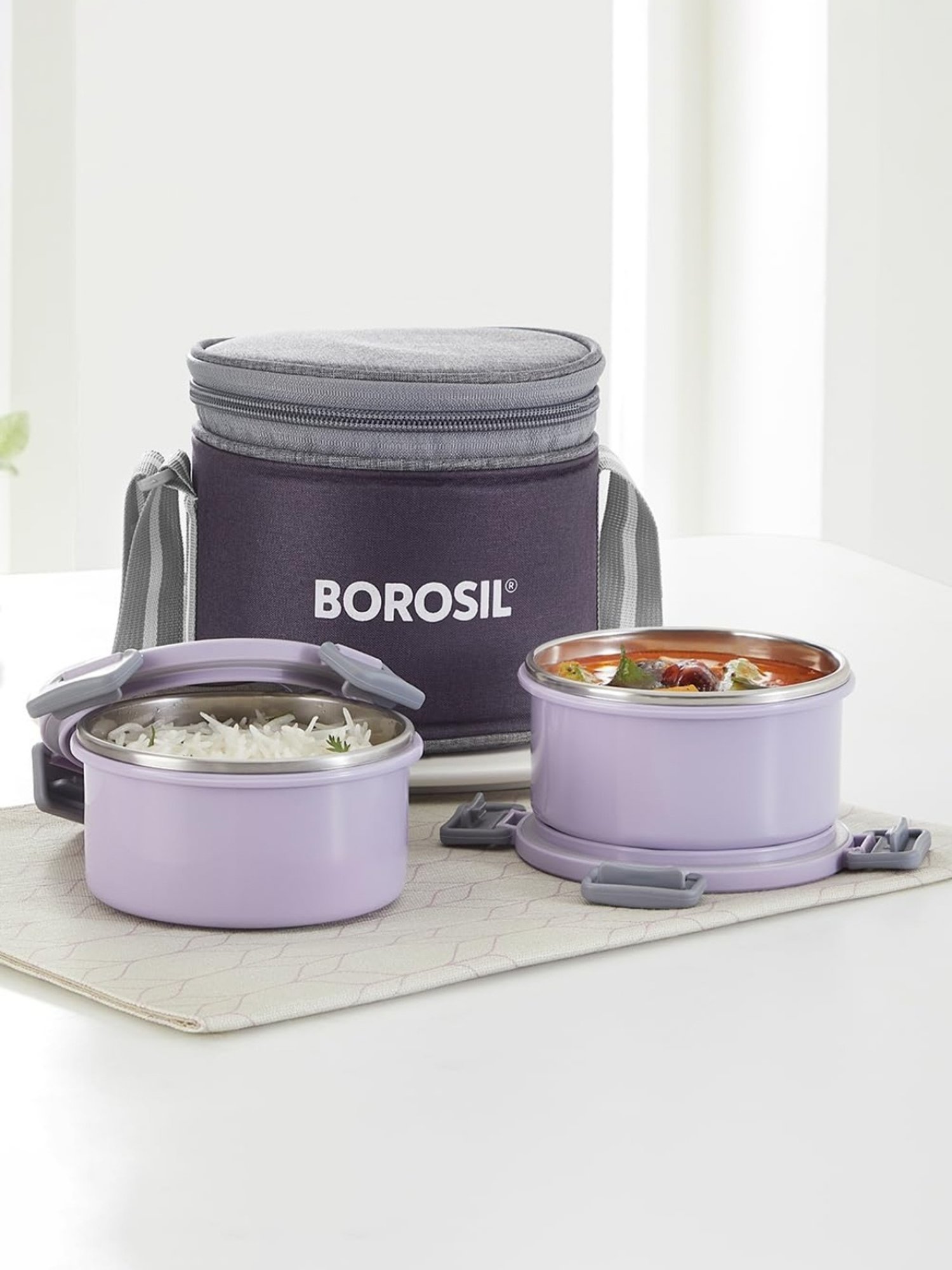 Buy Borosil Stainless Steel Lavender Lunch Boxes with ( Set of 2