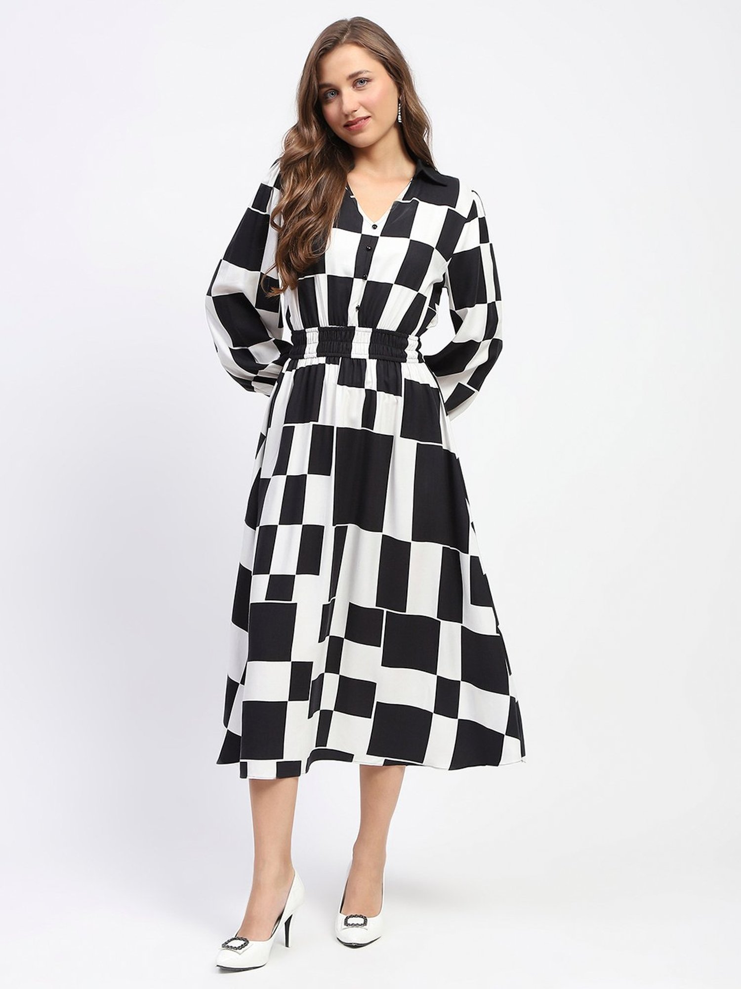 Classic Monochrome Check Midi Dress M 新品 1月下旬発送】Classic Monochrome Check Midi Dress