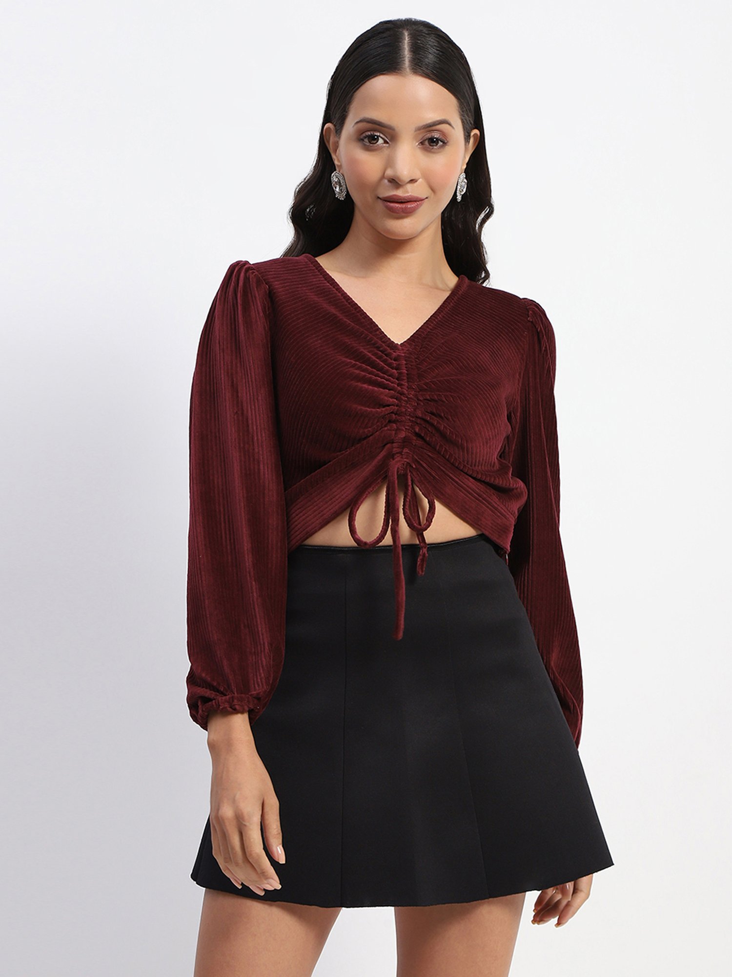 MADAME Maroon Relaxed Fit Crop Top