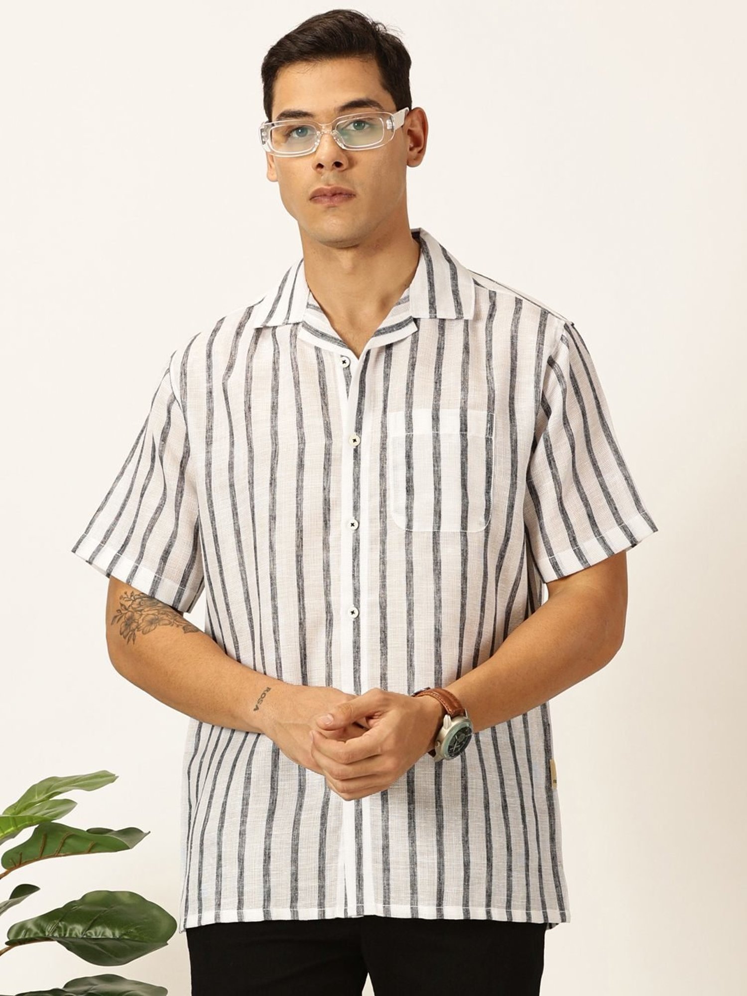 ね*す様 60s ombre stripe check shirt Buy Thomas Scott Premium Linen Slim Fit Striped Spread Collar