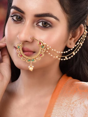 Saraf Rs Jewellery Gold Toned Pearl Beaded Kundan Studded Jodha Nose Ring With Chain