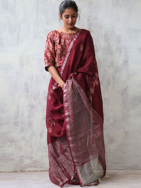 Chidiyaa Maroon Block Printed Pure Handwoven Linen Zari Saree-picture-18