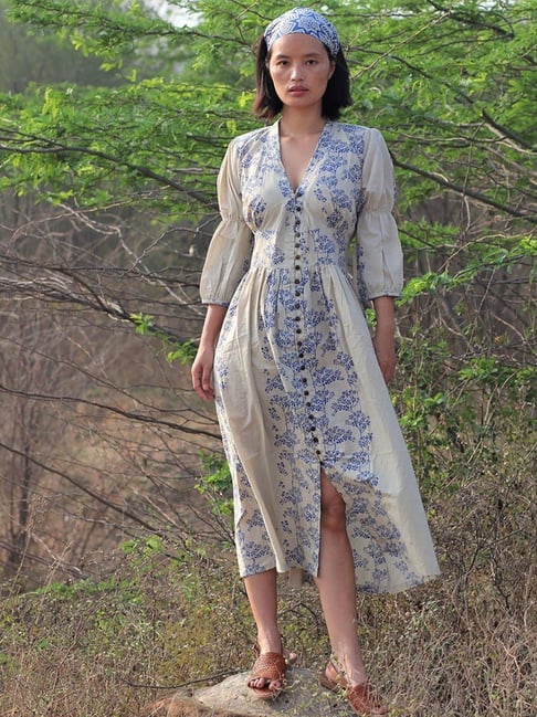 Chidiyaa Beige & Blue Block Printed Dress-picture-17