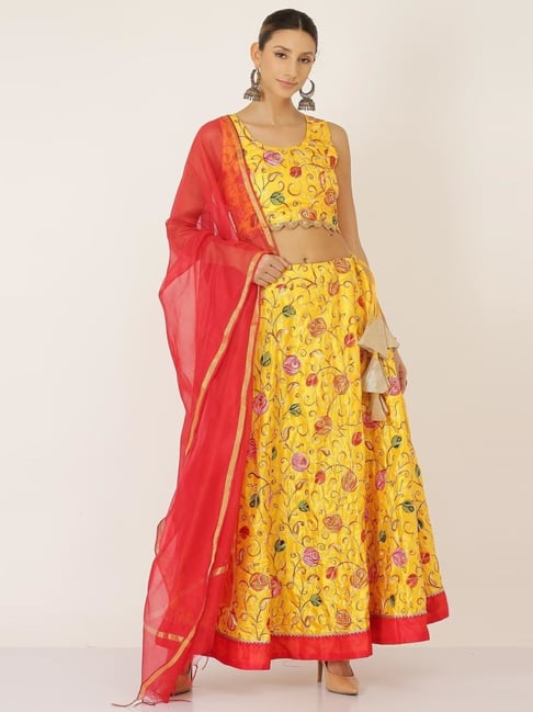 Kaanchie Nanggia Yellow Embroidered Party Wear Stitched Lehenga & Choli With Dupatta (Set of 3)-picture-26