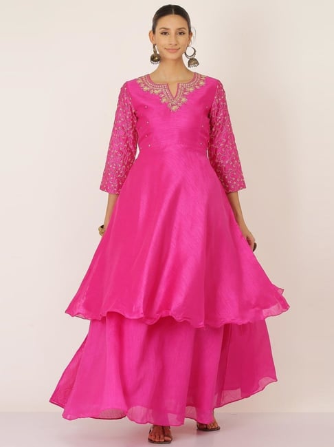 Kaanchie Nanggia Pink Embroidered Short Length Stitched Kurta With Skirt (Set of 2)-picture-25