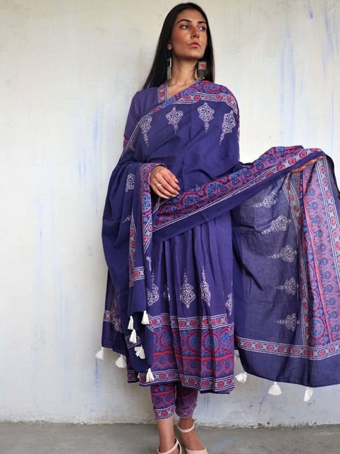 Chidiyaa Purple Pure Cotton Block Printed Ajooni Dupatta