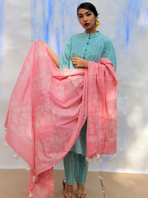 Chidiyaa Pink Handprinted Pure Cotton Dupatta SKD