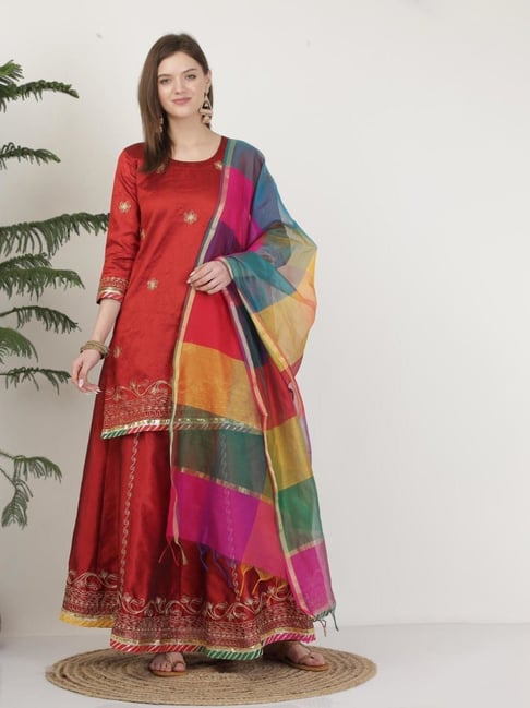 Kaanchie Nanggia Poly Dupion Maroon Embroidery Stitched Lehenga Set-picture-30