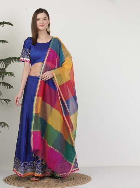 Kaanchie Nanggia Poly Dupion Blue Embroidery Stitched Lehenga Set-picture-27