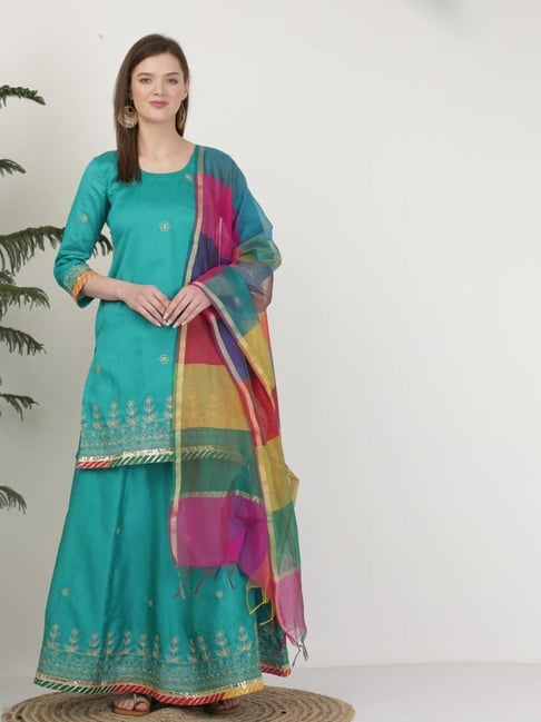 Kaanchie Nanggia Poly Dupion Turquoise Embroidery Stitched Lehenga Set-picture-22