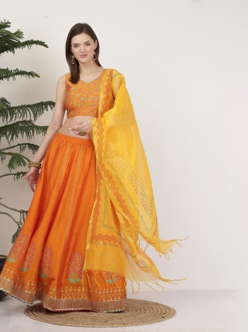 Kaanchie Nanggia Pure Silk Orange Block Printed Stitched Lehenga Set-picture-16