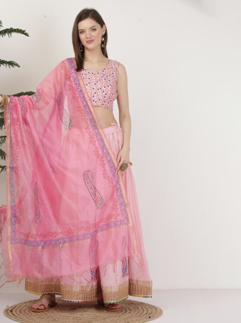 Kaanchie Nanggia Pure Silk Pink Block Printed Stitched Lehenga Set-picture-20