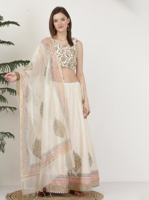 Kaanchie Nanggia Pure Silk White Block Printed Stitched Lehenga Set-picture-18