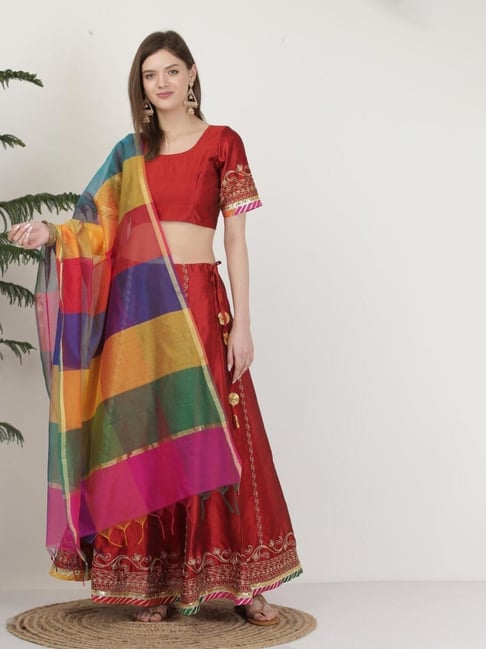 Kaanchie Nanggia Poly Dupion Maroon Embroidery Stitched Lehenga Set-picture-23