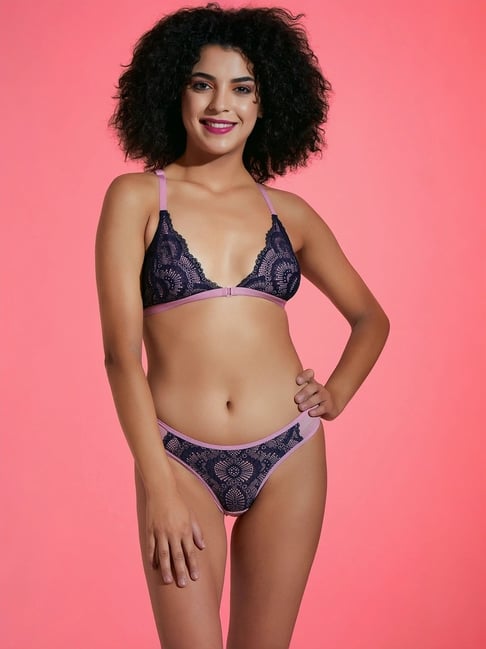 Clovia Pink & Navy Non-Wired Non-Padded Bra & Panty Set-picture-42