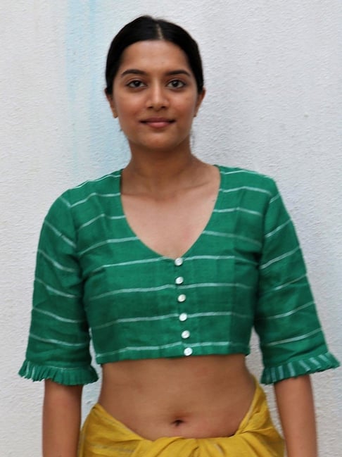 Chidiyaa Green Everyday Beautiful Handwoven Linen Zari Blouse-picture-28