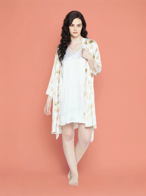 Clovia White Satin Printed Nighty With Robe