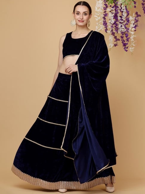 Kaanchie Nanggia Navy Blue Velvet Stitched Lehenga and Blouse With Dupatta-picture-19