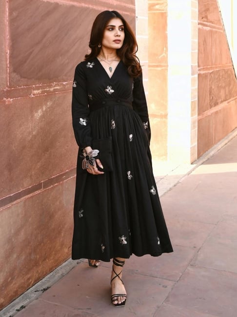 Gulaal Black Sara Bug Embroidered Maxi Dress