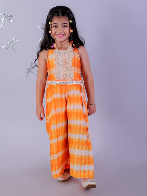 Lil Drama Kids Orange Self Design Jumpsuit