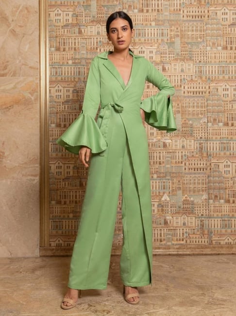 BInfinite Olive Green Overlap Blazer Jumpsuit