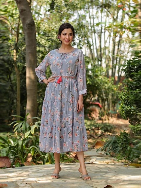 Scakhi Sky Blue Georgette Floral Print Tiered Dress With Belt