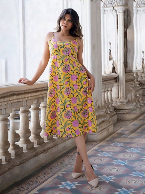 Eeshva India Mango Yellow Floral Hand Blocked Spagetti Dress