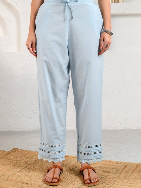 Buy Prakriti Jaipur Blue Pintucked Lace Pants for Women Online