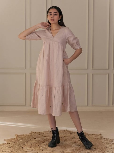 knee length dresses for ladies Maxi linen dress AGRA in White main image 1
