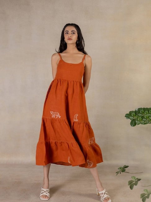 Buy Zebein India Day 21 - Linen Multi Tier Dress - Tan Rust for Women Online  @ Tata CLiQ Luxury