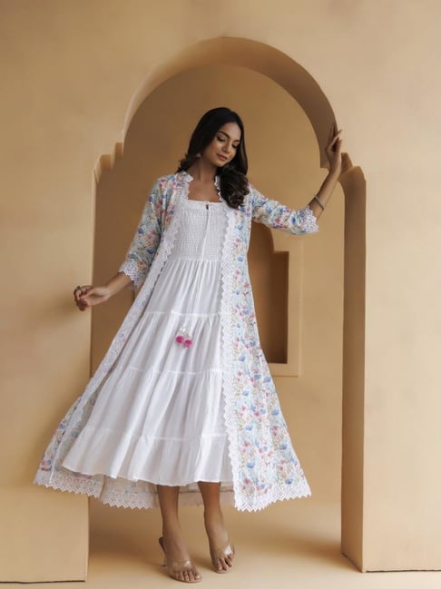Geroo Jaipur Off-White Cotton Chikankari Embroidered Dress with Jacket