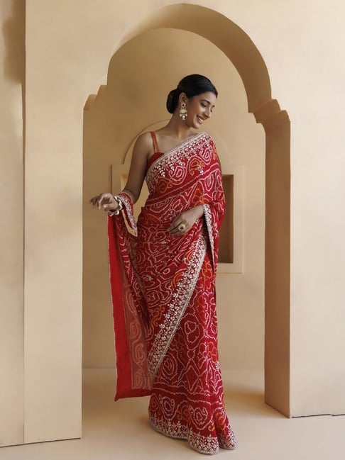 Buy Red Hand Gota Patti Bandhani Saree for Women Online Tata CLiQ Luxury