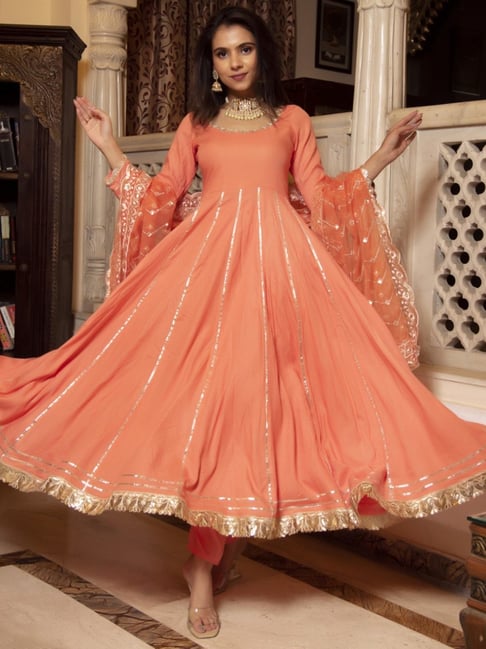 Anarkali Gown Peach Color Dress Online Shopping Peach Georgette - Main Image