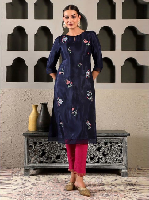W Navy Embroidered Straight Kurta-picture-29