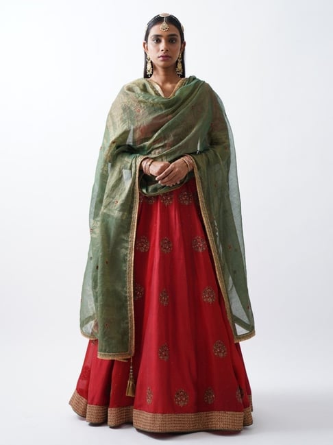 Rhua Deep Red Raag Rati Lehenga with Blouse and Dupatta-picture-16