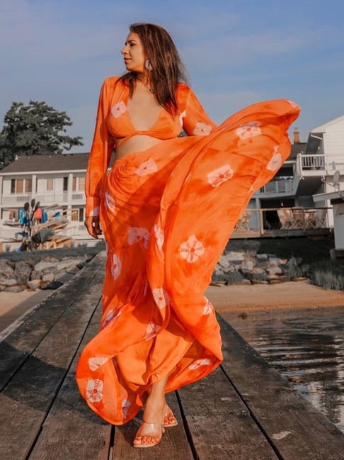 Thread and Button Orange Maya Crop Top with Skirt