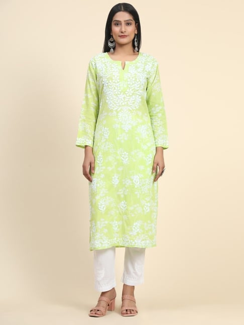 House Of Kari Noor Printed Emb Kurta in Mul-Yellow Green-picture-10