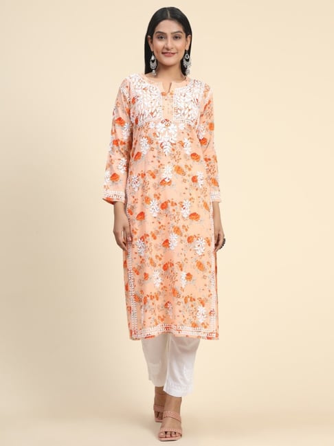 House Of Kari Noor Mul Printed Embroidered Kurta Peach-picture-38