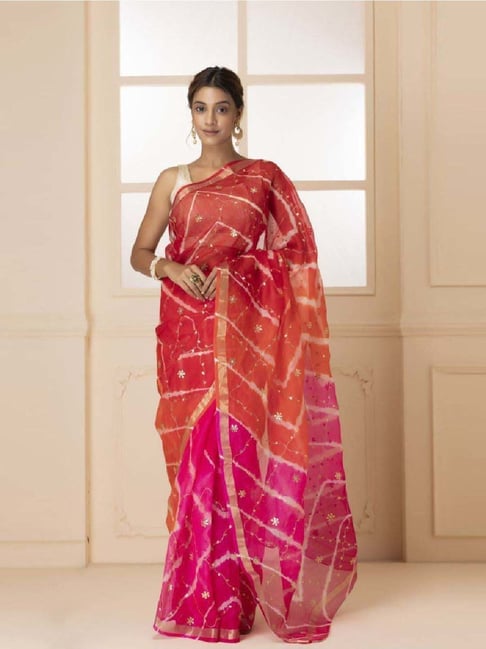 Geroo Jaipur Multicolor Pure Kota Silk Handcrafted Gota Jaal Leheriya Saree-picture-36