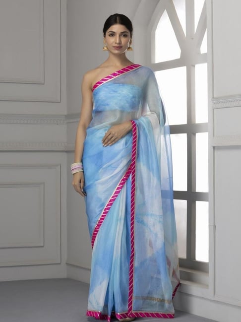 Geroo Jaipur Blue Handcrafted Shibori Pure Kota Silk Saree-picture-41