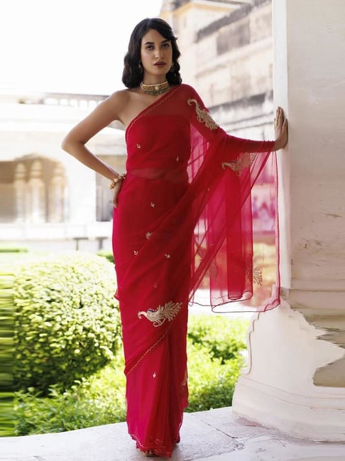 Geroo Jaipur Fuchsia Pink Hand Embroidered Aari-Tube Chiffon Saree-picture-38