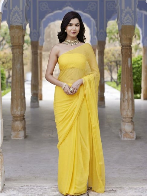 Geroo Jaipur Yellow Hand Embroidered Mukaish Chiffon Saree-picture-40