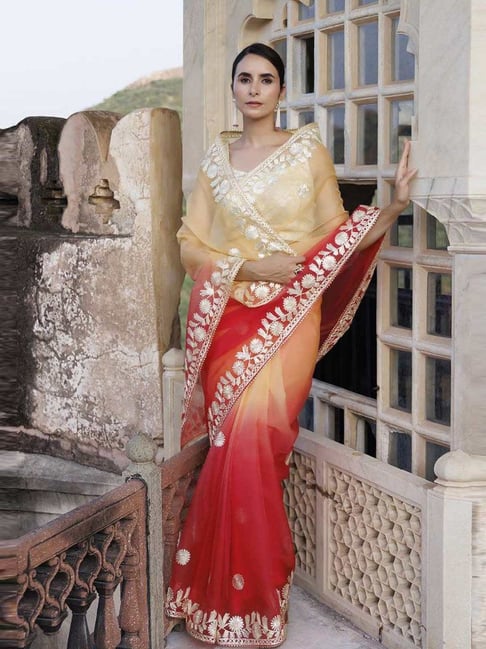 Geroo Jaipur Yellow & Orange Handcrafted Gota Patti Organza Saree-picture-20