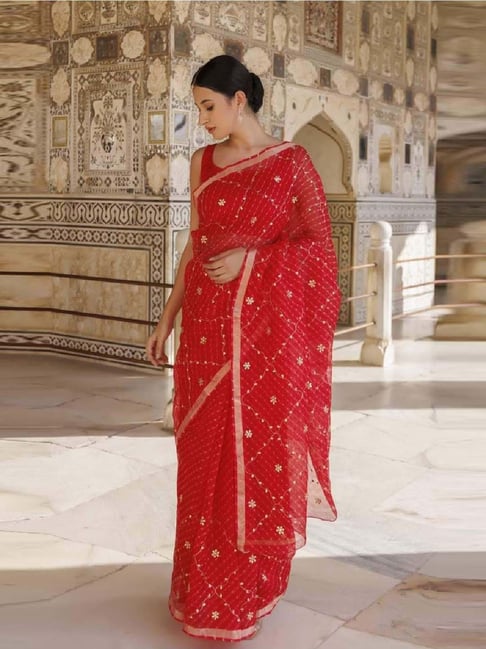 Geroo Jaipur Red Pure Kota Silk Hand Dyed Leheriya Mothra Saree-picture-31