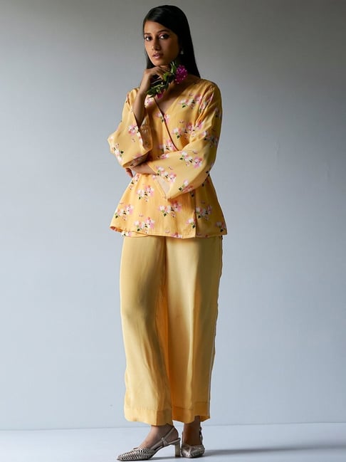 Ganga Fashions Yellow Crepe Silk Printed Top and Pant With Detailing Lace Work on Bottom Seam Line