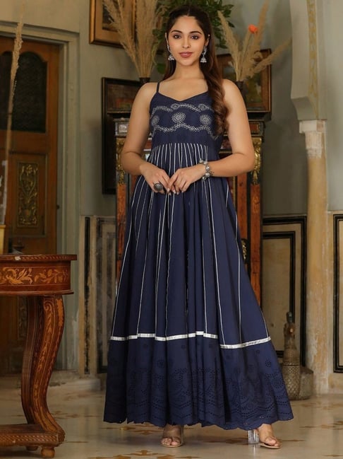 Everbloom Navy Blue Ahana Embroidered Flared Gota Lace Dress