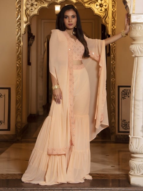 Calmna Peach Embellished Georgette Top with Pant and Shrug