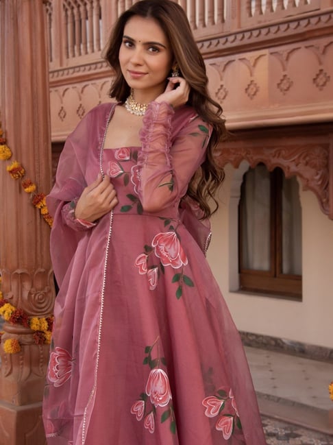 Calmna Rust Rosegold Handpainted Organza Gotapatti Anarkali Suit Set