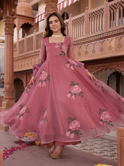 knee length dresses for ladies Pink Full Sleeve Anarkali with Embellished Dupatta 6 / Tall