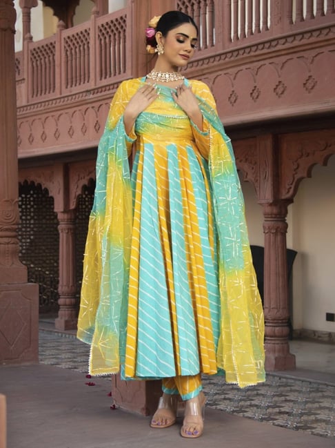 Calmna Multi-Color Lehriya Gotapatti Anarkali Suit Set